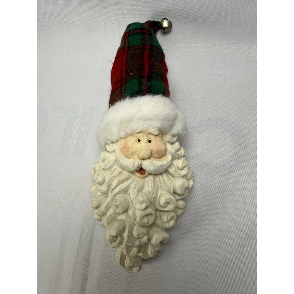 Santa Claus Face Christmas Ornament Resin Plaid Hat w/ Bell 11” Vintage? Holiday